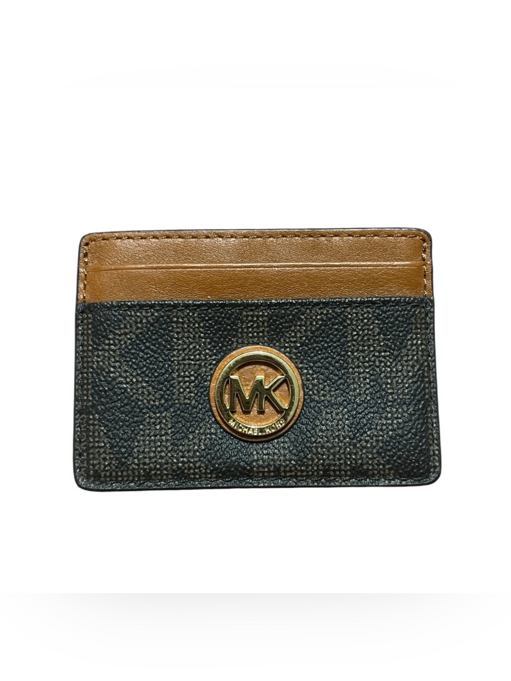 Michael Kors Brown and Black Card Case with Gold MK Emblem